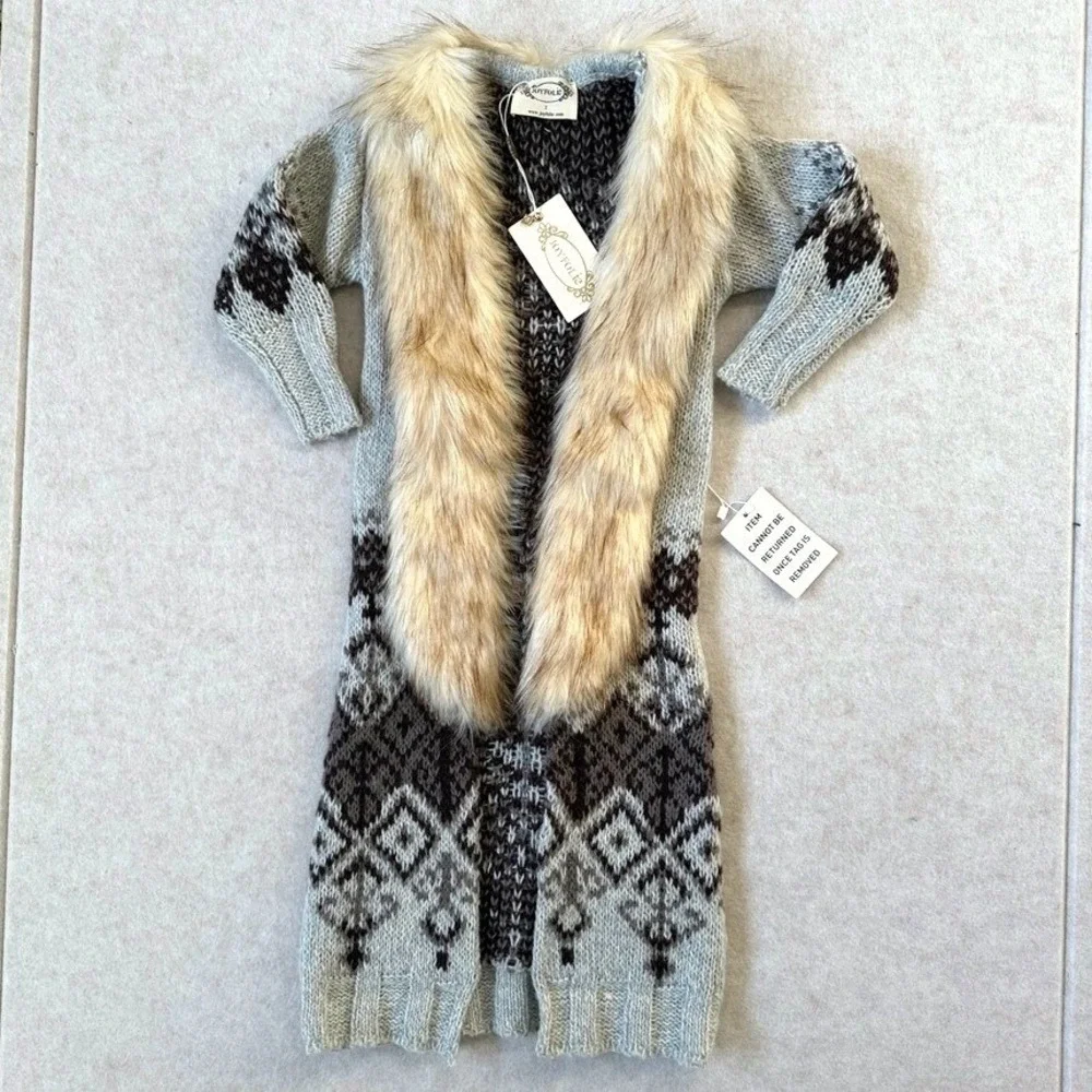 Joyfolie Tillie Duster Oatmeal Pattern Faux Fur Knit Cardigan Girls Size 2 NWT